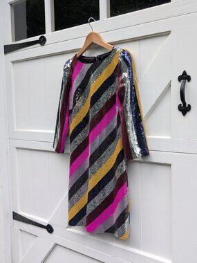 NWT Milly Elaine Stripe Sequin Long Sleeve Shift Mini Dress Size 0